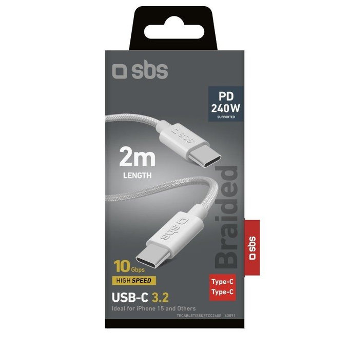 Pleciony kabel USB-C/USB-C, PD, 240W, 2m, Biały, White, SBS