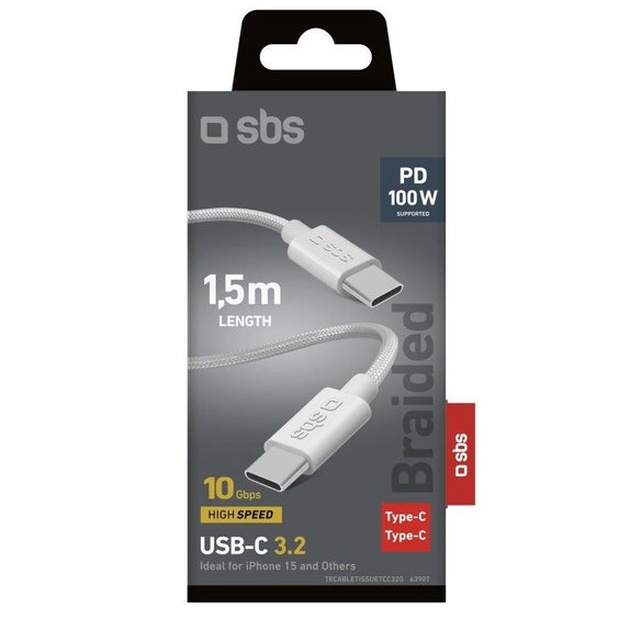 Pleciony kabel USB-C/USB-C, PD, 100W, 1.5m, Biały, White, SBS
