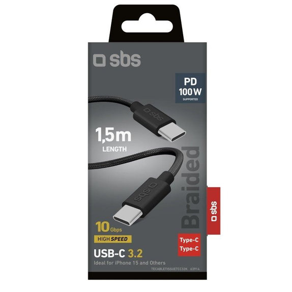 Pleciony kabel USB-C/USB-C, PD, 100W, 1.5m, Czarny, Black, SBS