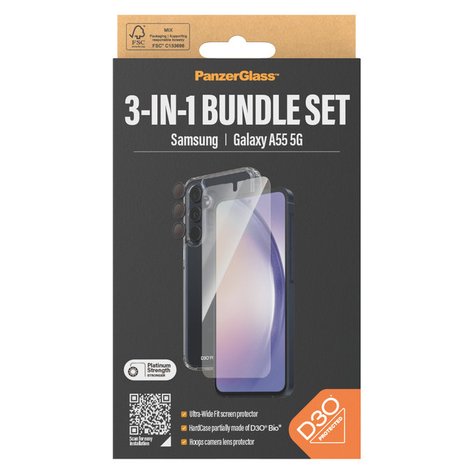 Bundle Hoops + Szkło hartowane UWF + Hard Case D3O do Samsung Galaxy A55 5G, PanzerGlass