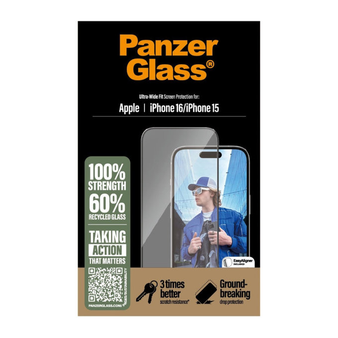 Szkło hartowane UWF z aplikatorem do iPhone 16/15, Czarne, PanzerGlass