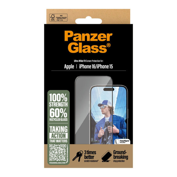 Szkło hartowane UWF z aplikatorem do iPhone 16/15, Czarne, PanzerGlass