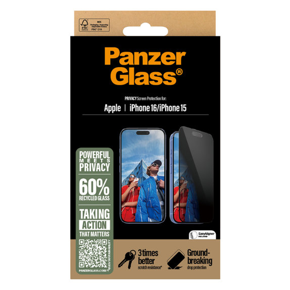 Szkło hartowane UWF Privacy z aplikatorem do iPhone 16/15, Czarne, PanzerGlass