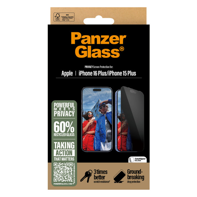 Szkło hartowane UWF Privacy z aplikatorem do iPhone 16 Plus, czarny, black, PanzerGlass