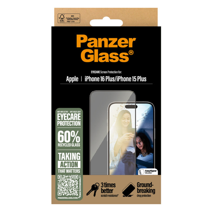 Szkło hartowane UWF Eyecare z aplikatorem do iPhone 16 Plus/15 Plus, Czarne, PanzerGlass