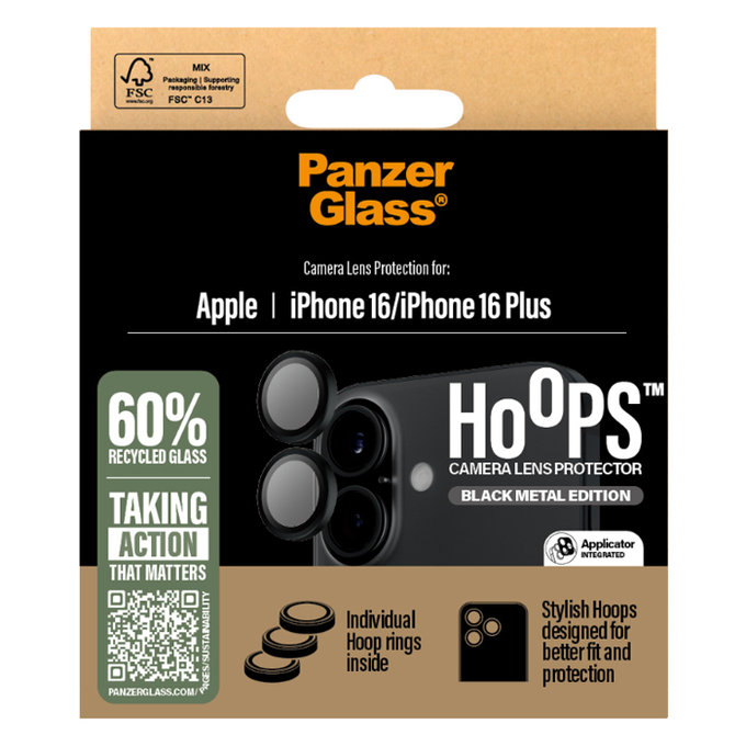 Ochraniacz obiektywu aparatu Hoops do iPhone 16, 16 Plus, czarny, black, PanzerGlass