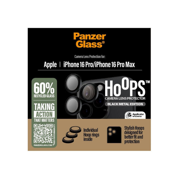 Pierścienie ochronne obiektywu kamery Hoops do iPhone 16 Pro Max/16 Pro, Czarny, PanzerGlass