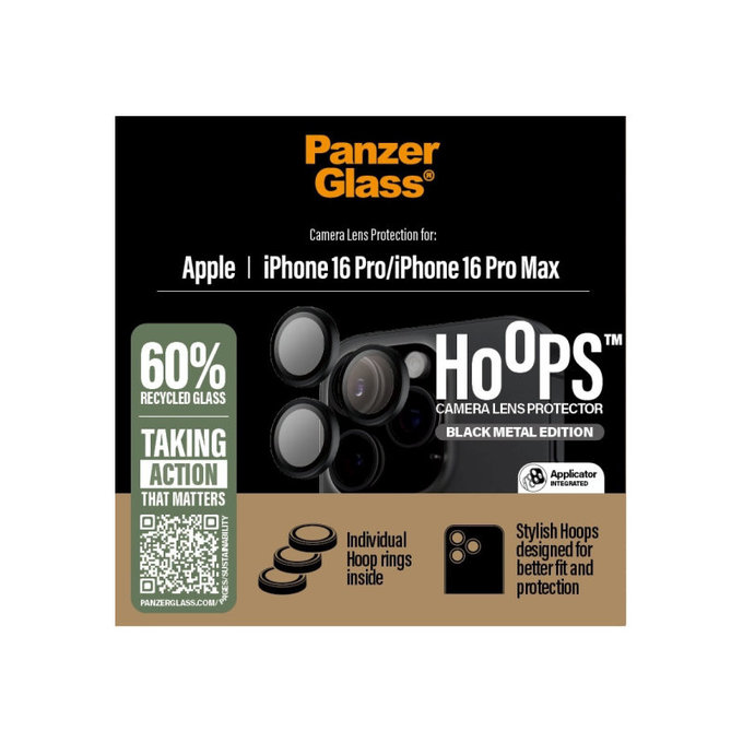 Pierścienie ochronne obiektywu kamery Hoops do iPhone 16 Pro Max/16 Pro, Czarny, PanzerGlass