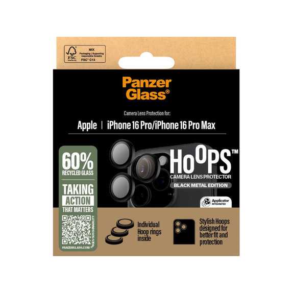 Pierścienie ochronne obiektywu kamery Hoops do iPhone 16 Pro Max/16 Pro, Czarny, PanzerGlass