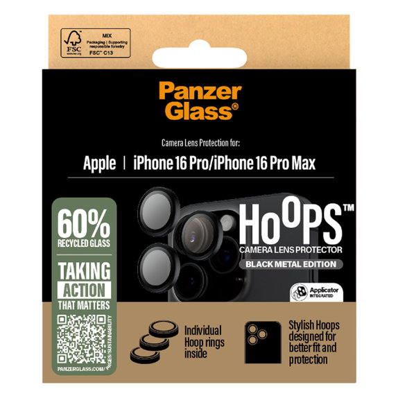 Pierścienie ochronne obiektywu kamery Hoops do iPhone 16 Pro Max/16 Pro, Czarny, PanzerGlass
