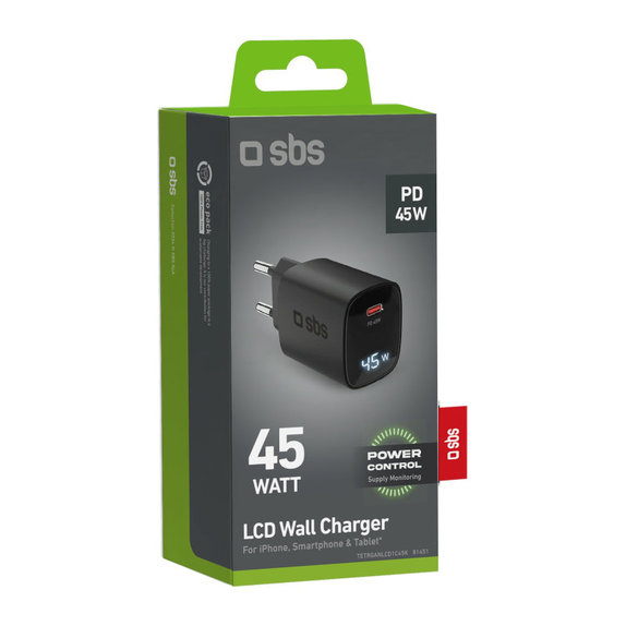 Adapter podróżny LCD USB-C, GaN, 45 W PD, czarny, SBS