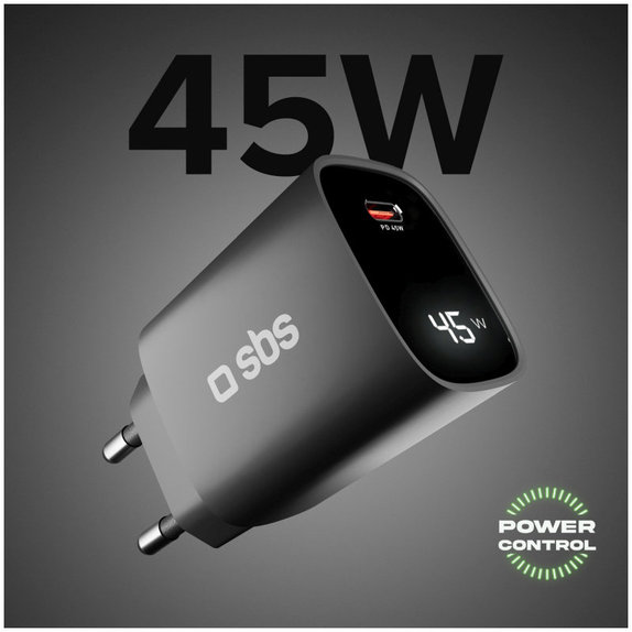 Adapter podróżny LCD USB-C, GaN, 45 W PD, czarny, SBS