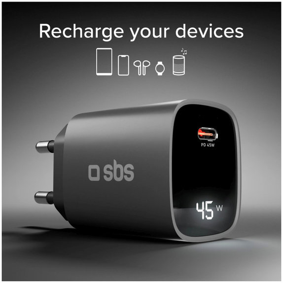 Adapter podróżny LCD USB-C, GaN, 45 W PD, czarny, SBS