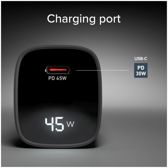 Adapter podróżny LCD USB-C, GaN, 45 W PD, czarny, SBS