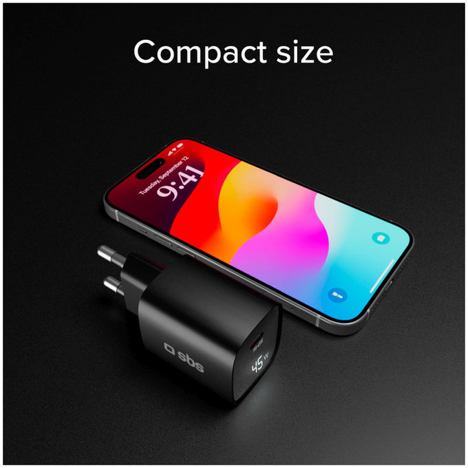 Adapter podróżny LCD USB-C, GaN, 45 W PD, czarny, SBS