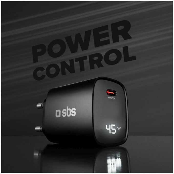 Adapter podróżny LCD USB-C, GaN, 45 W PD, czarny, SBS