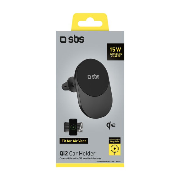 Uchwyt samochodowy z ładowaniem bezprzewodowym, Qi2, 15W, MagSafe, na kratkę nawiewu, Czarny, Black, SBS