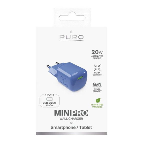 Ladowarka MiniPro USB-C, GaN, 20W, blue lagon, PURO