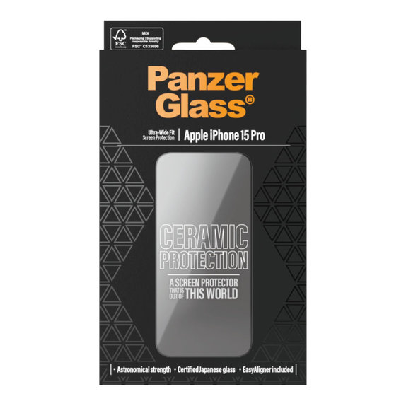 Szkło hartowane UWF Ceramic z aplikatorem do iPhone 15 Pro, Czarne, PanzerGlass