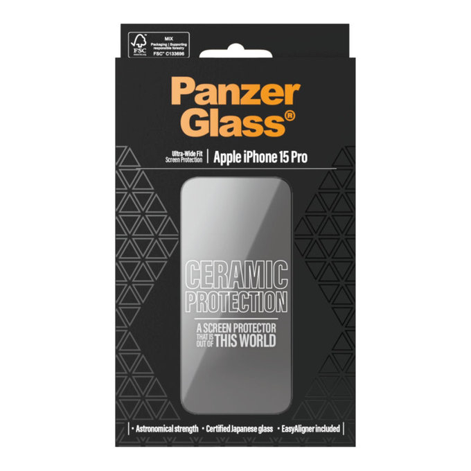 Szkło hartowane UWF Ceramic z aplikatorem do iPhone 15 Pro, Czarne, PanzerGlass