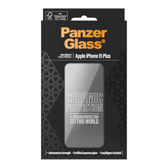 Szkło hartowane UWF Ceramic z aplikatorem do iPhone 15 Plus, Czarne, PanzerGlass