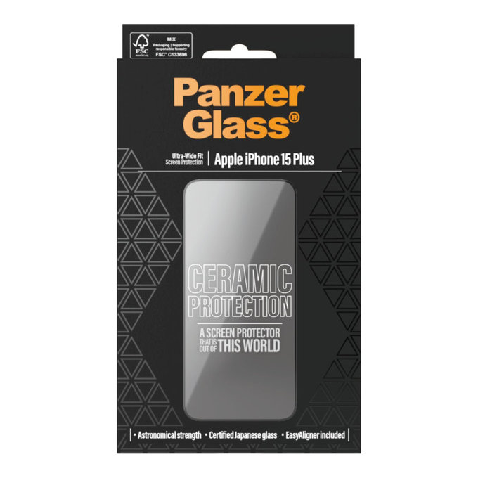 Szkło hartowane UWF Ceramic z aplikatorem do iPhone 15 Plus, Czarne, PanzerGlass