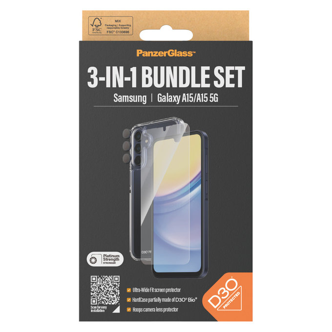 Bundle Hoops + Szkło hartowane UWF + Hard Case D3O do Samsung Galaxy A15/A15 5G, PanzerGlass