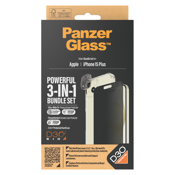 Bundle PicturePerfect + Szkło hartowane UWF Privacy + Hard Case D3O do iPhone 15 Plus, PanzerGlass