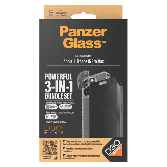 Bundle PicturePerfect + Szkło hartowane UWF Privacy + Hard Case D3O do iPhone 15 Pro Max, PanzerGlass