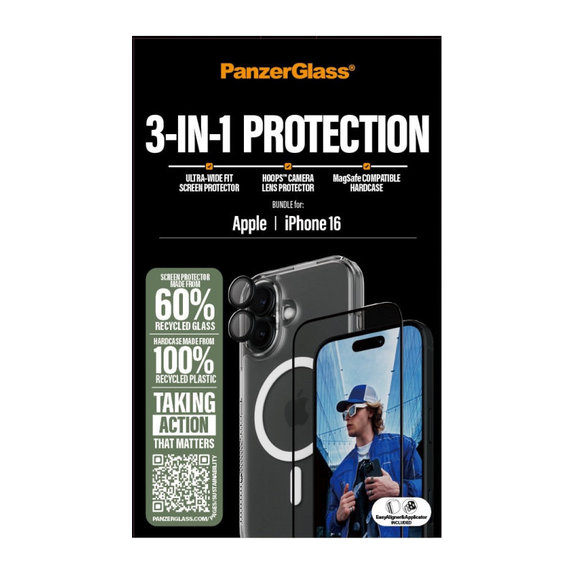 Bundle 3w1 Hoops + Szkło hartowane UWF + Hard Case do iPhone 16, PanzerGlass