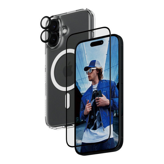 Bundle 3w1 Hoops + Szkło hartowane UWF + Hard Case do iPhone 16, PanzerGlass