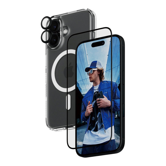 Bundle 3w1 Hoops + Szkło hartowane UWF + Hard Case do iPhone 16, PanzerGlass