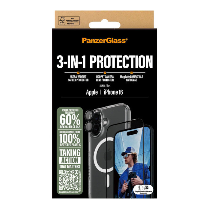 Bundle 3w1 Hoops + Szkło hartowane UWF + Hard Case do iPhone 16, PanzerGlass
