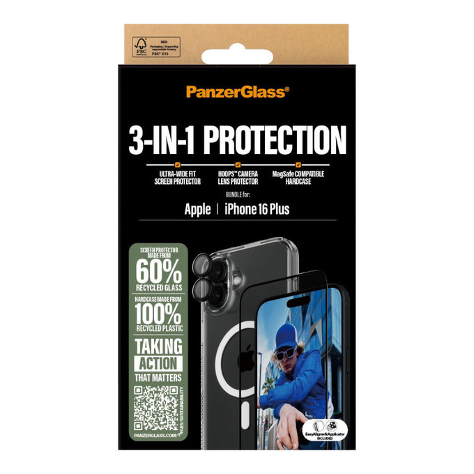 Bundle Hoops + Szkło hartowane UWF + Hard Case do iPhone 16 Plus, PanzerGlass
