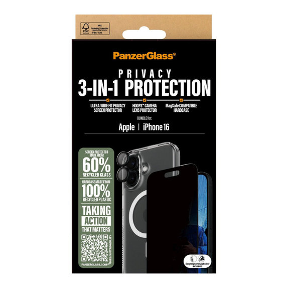 Bundle Hoops + Szkło hartowane UWF Privacy + Hard Case do iPhone 16, PanzerGlass