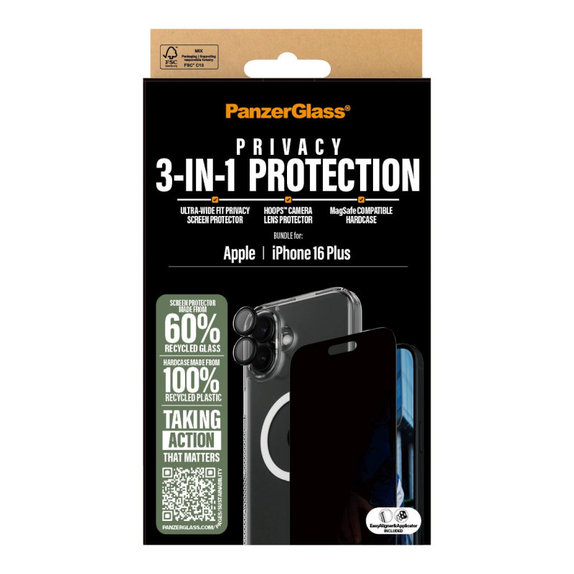Bundle Hoops + Szkło hartowane UWF Privacy + Hard Case do iPhone 16 Plus, PanzerGlass