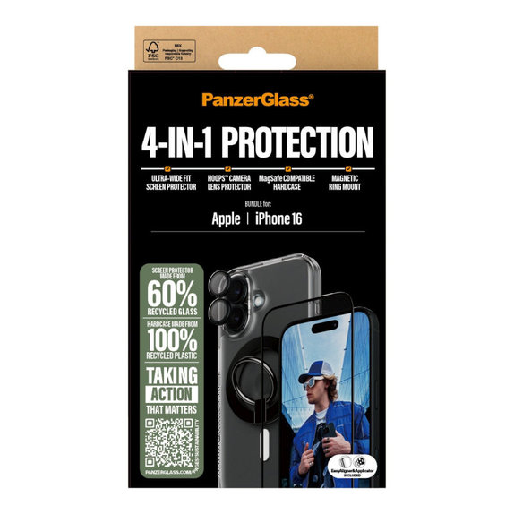 Bundle Hoops + Szkło hartowane UWF + Hard Case + Magnetic Ring Mount do iPhone 16, PanzerGlass