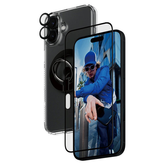 Bundle Hoops + Szkło hartowane UWF + Hard Case + Magnetic Ring Mount do iPhone 16 Plus, PanzerGlass