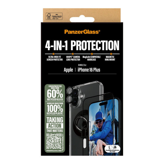 Bundle Hoops + Szkło hartowane UWF + Hard Case + Magnetic Ring Mount do iPhone 16 Plus, PanzerGlass