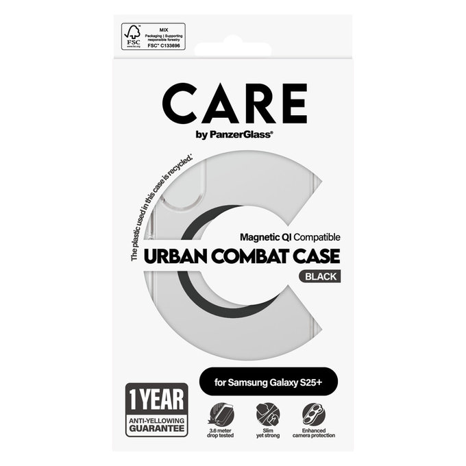 Etui Urban Combat z czarnym QI do Samsung Galaxy S25+, Przezroczyste, PanzerGlass