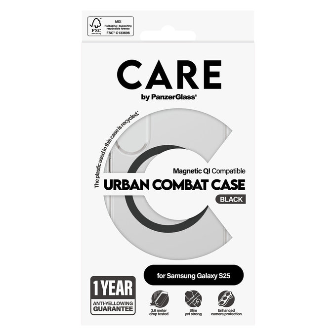 Etui Urban Combat z czarnym QI do Samsung Galaxy S25, Przezroczyste, PanzerGlass