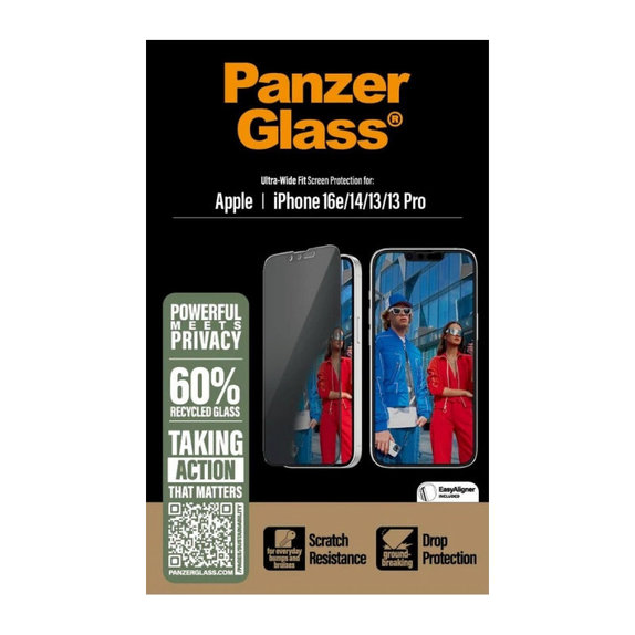 Szkło hartowane UWF Privacy z aplikatorem do iPhone 17e/16e/14/13/13 Pro, Czarne, PanzerGlass