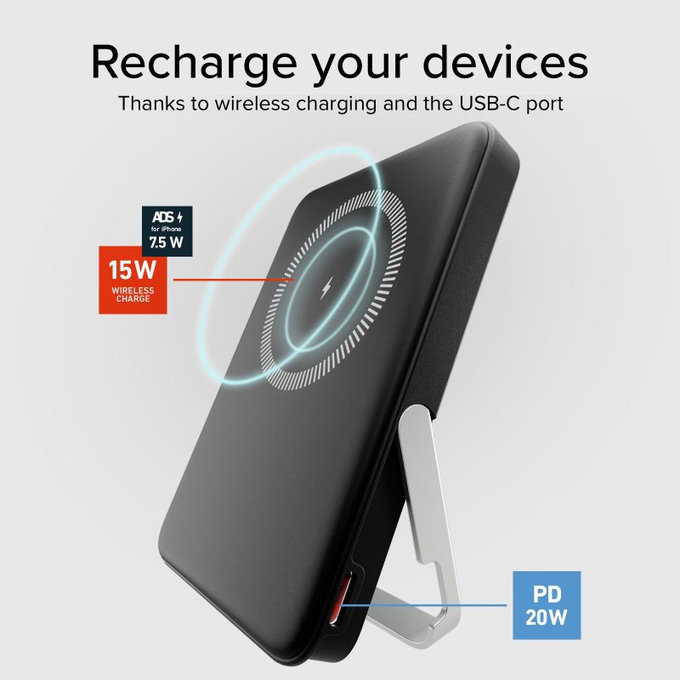 PowerBank 5000mAh, 20W, Power Delivery, Mag Stand, Czarny, Black, SBS