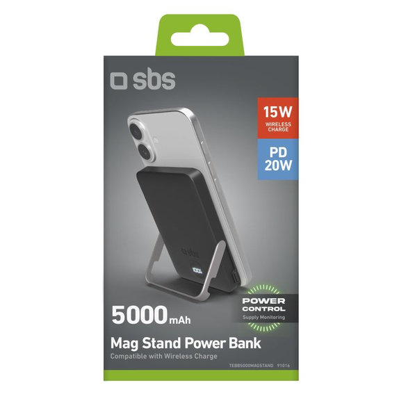 PowerBank 5000mAh, 20W, Power Delivery, Mag Stand, Czarny, Black, SBS
