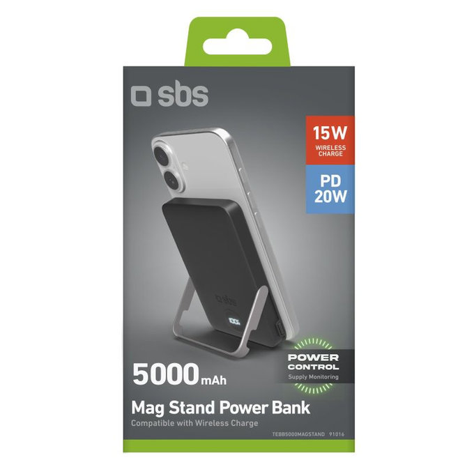 PowerBank 5000mAh, 20W, Power Delivery, Mag Stand, Czarny, Black, SBS
