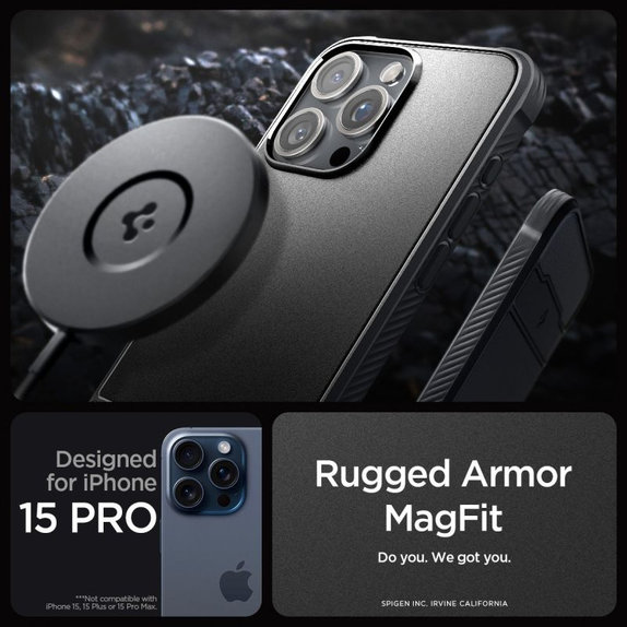 Etui z MagSafe do iPhone 15 Pro Max, Rugged Armor, Matte Black, Spigen