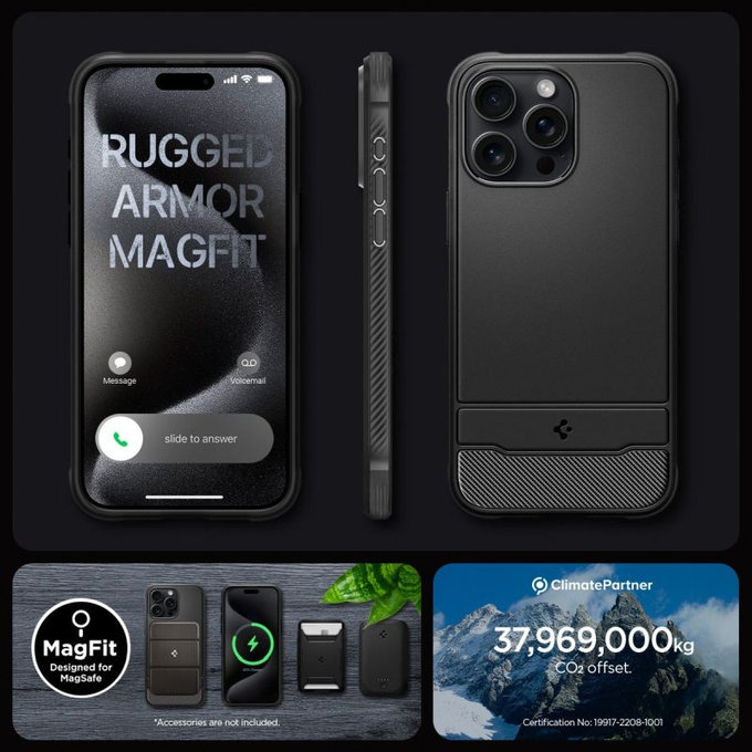 Etui z MagSafe do iPhone 15 Pro Max, Rugged Armor, Matte Black, Spigen