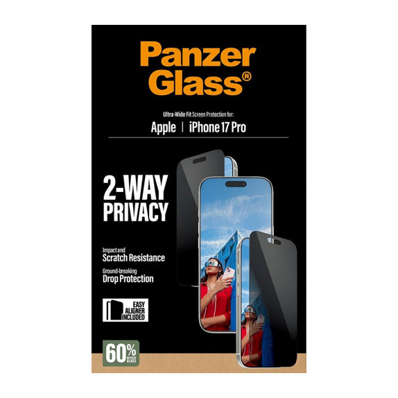 Szkło hartowane UWF 2-Way Privacy z aplikatorem do iPhone 17 Pro, Czarne, PanzerGlass