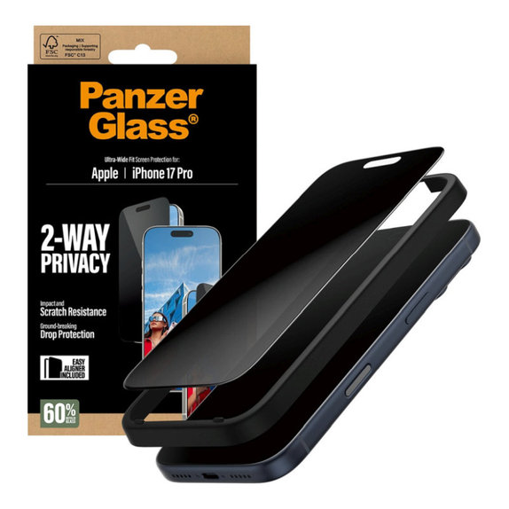 Szkło hartowane UWF 2-Way Privacy z aplikatorem do iPhone 17 Pro, Czarne, PanzerGlass