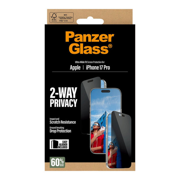 Szkło hartowane UWF 2-Way Privacy z aplikatorem do iPhone 17 Pro, Czarne, PanzerGlass